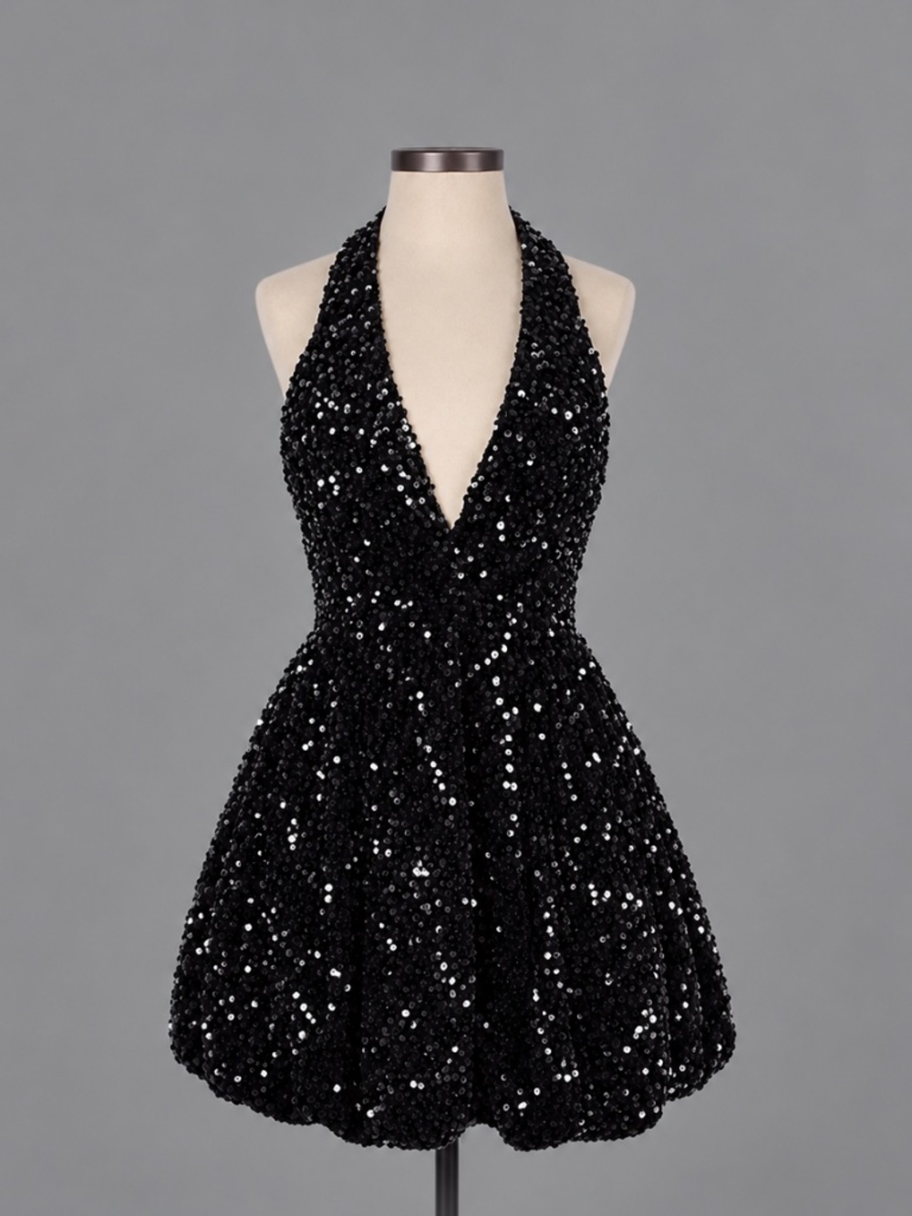 Zara Black Sequin Halter Bubble Mini Dress – Size XS